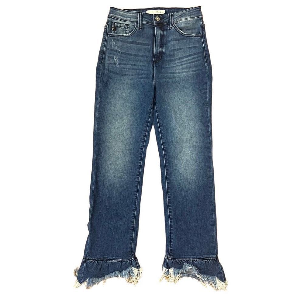 KanCan Straight Leg Cropped Jeans Ruffle Distressed Raw Hem High Rise Size 5/26
